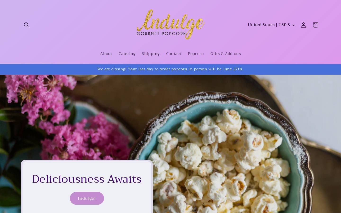 indulgepopcorn.com homepage screenshot