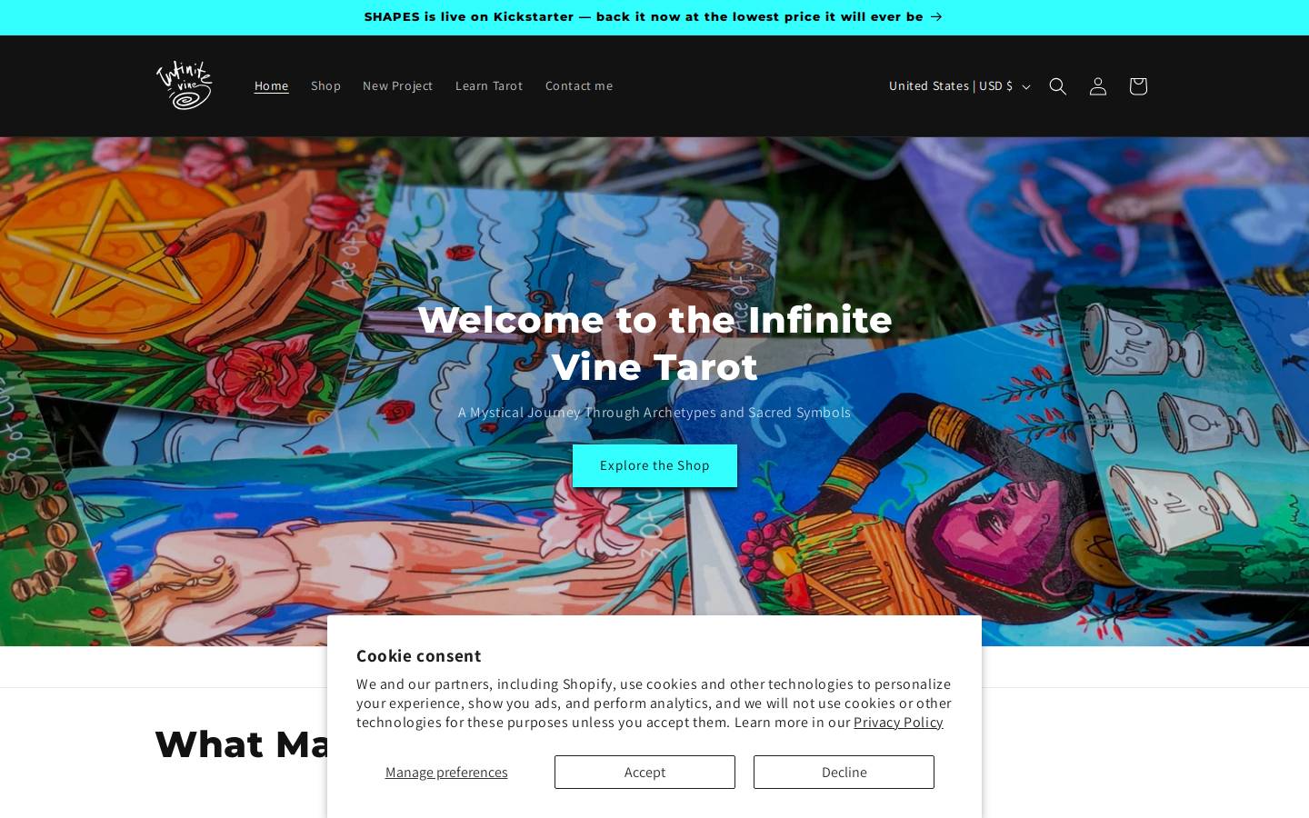 infinitevinetarot.com homepage screenshot