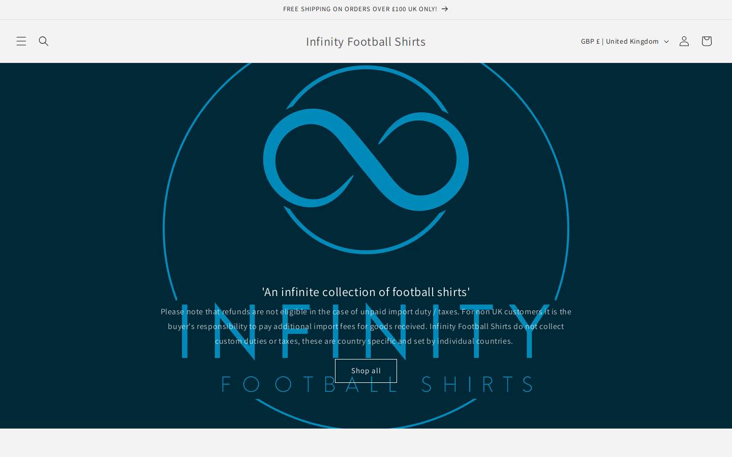 Infinityfootballshirts homepage screenshot