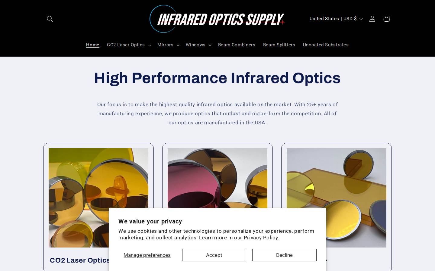 infraredopticsupply.com homepage screenshot