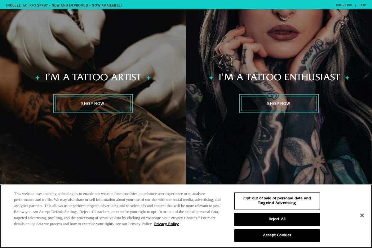 INK-EEZE Tattoo Lifestyle Products homepage screenshot