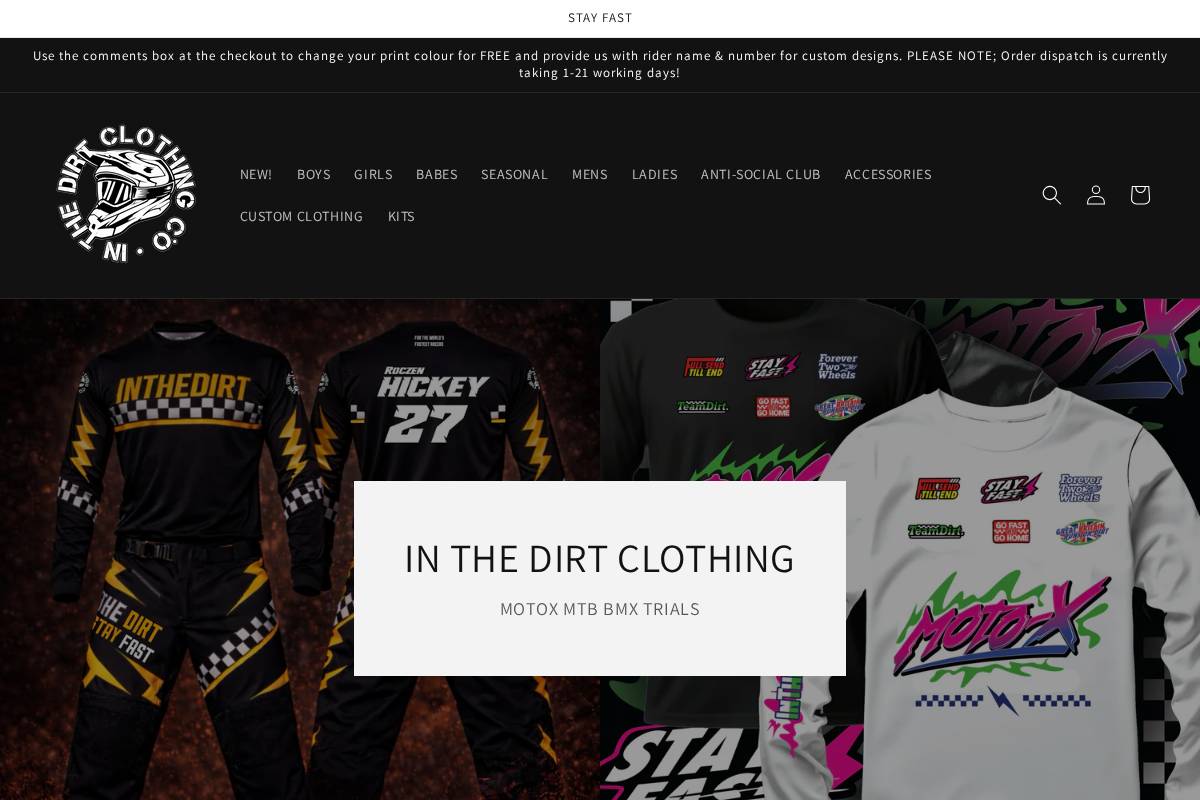 inthedirtclothing.com homepage screenshot