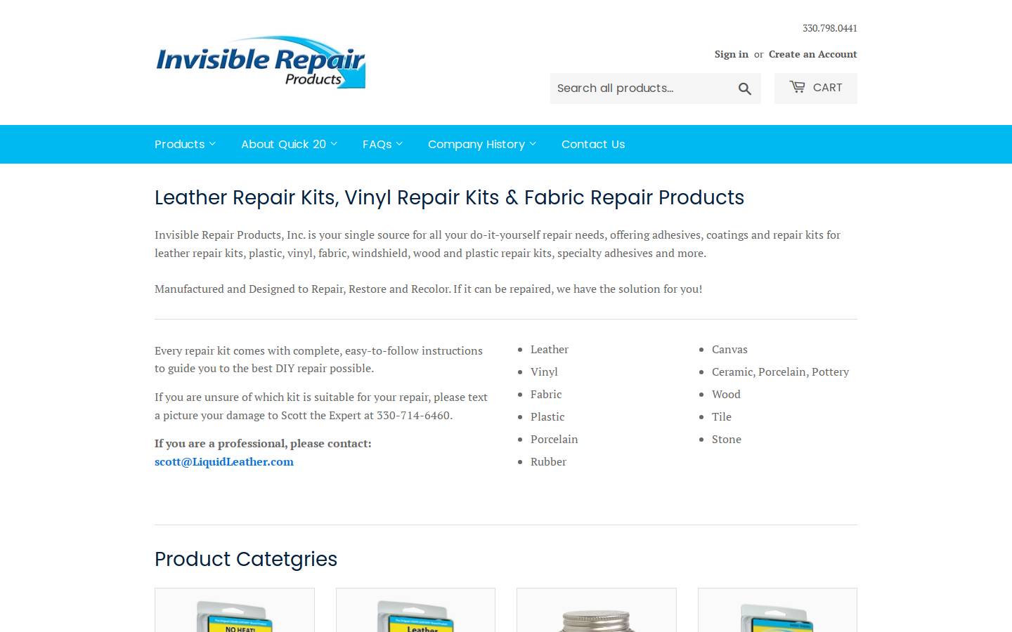 invisiblerepairproducts.com homepage screenshot