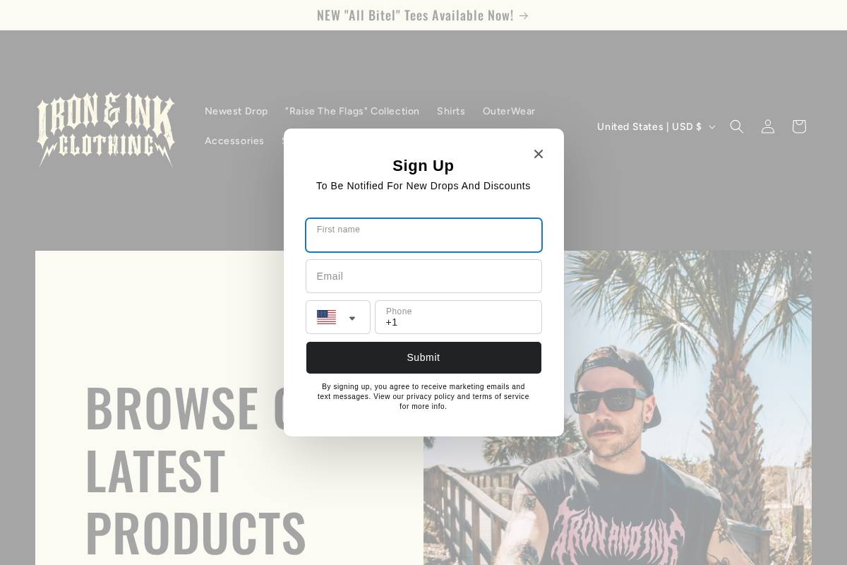 ironandinkclothing.com homepage screenshot