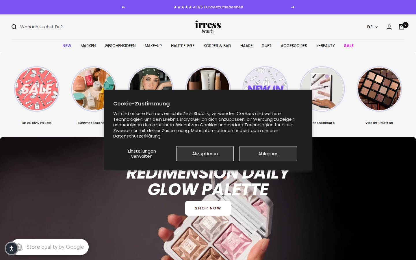 irress beauty homepage screenshot