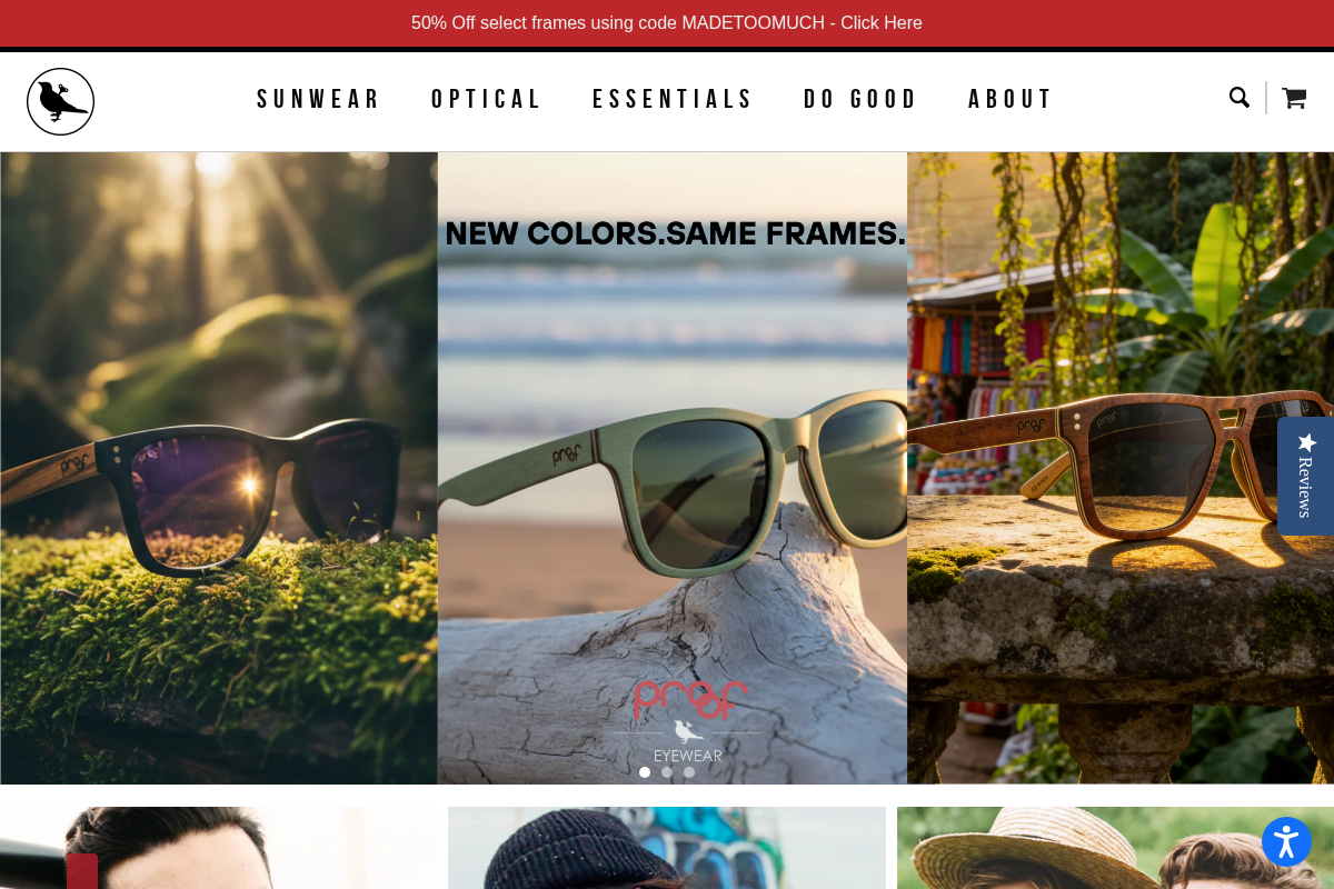 Proof Eyewear homepage screenshot