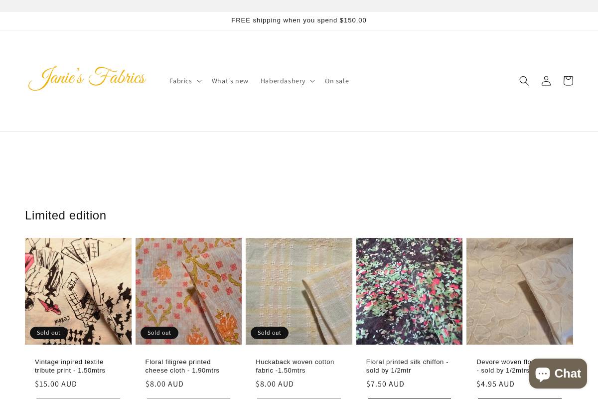 Janies Fabrics homepage screenshot
