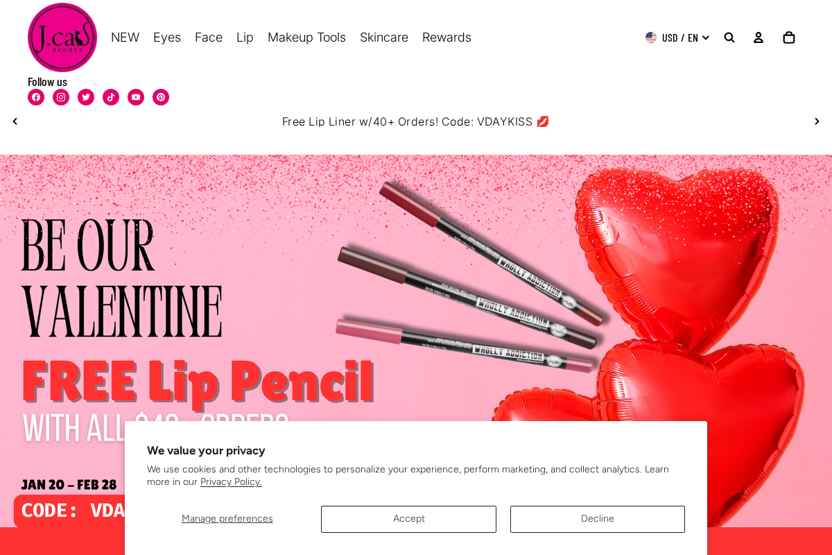 J.Cat Beauty homepage screenshot