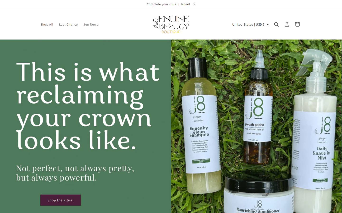 jenuinebeautyboutique.com homepage screenshot