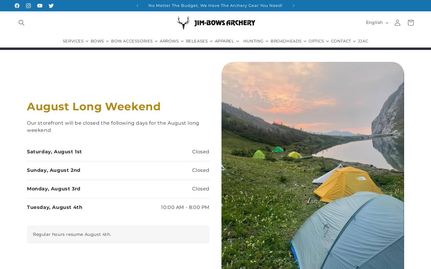 jimbowsarchery.ca homepage screenshot