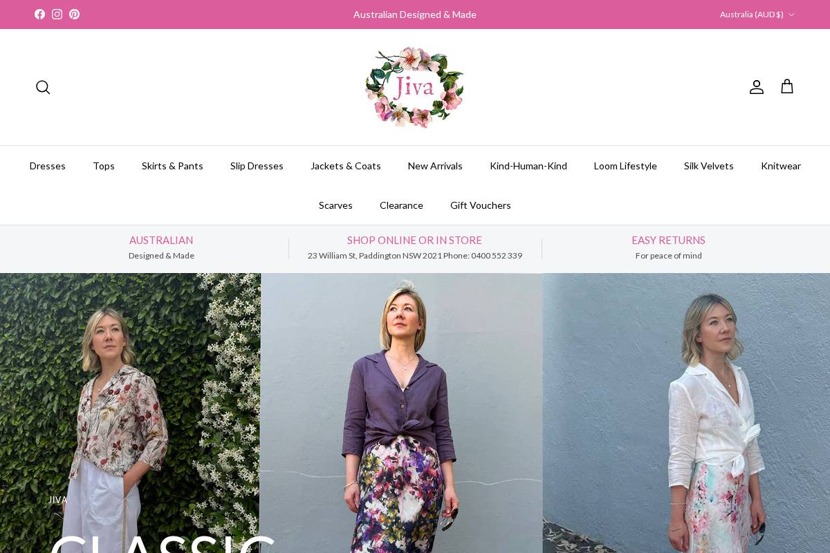 jivaclothing.com.au homepage screenshot