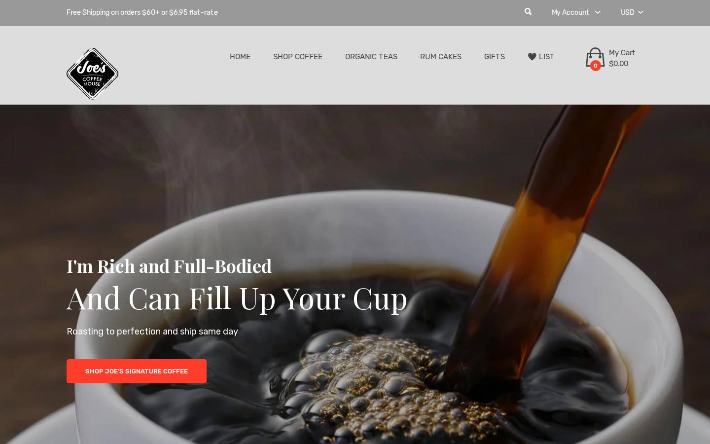 Joe's Coffee House homepage screenshot