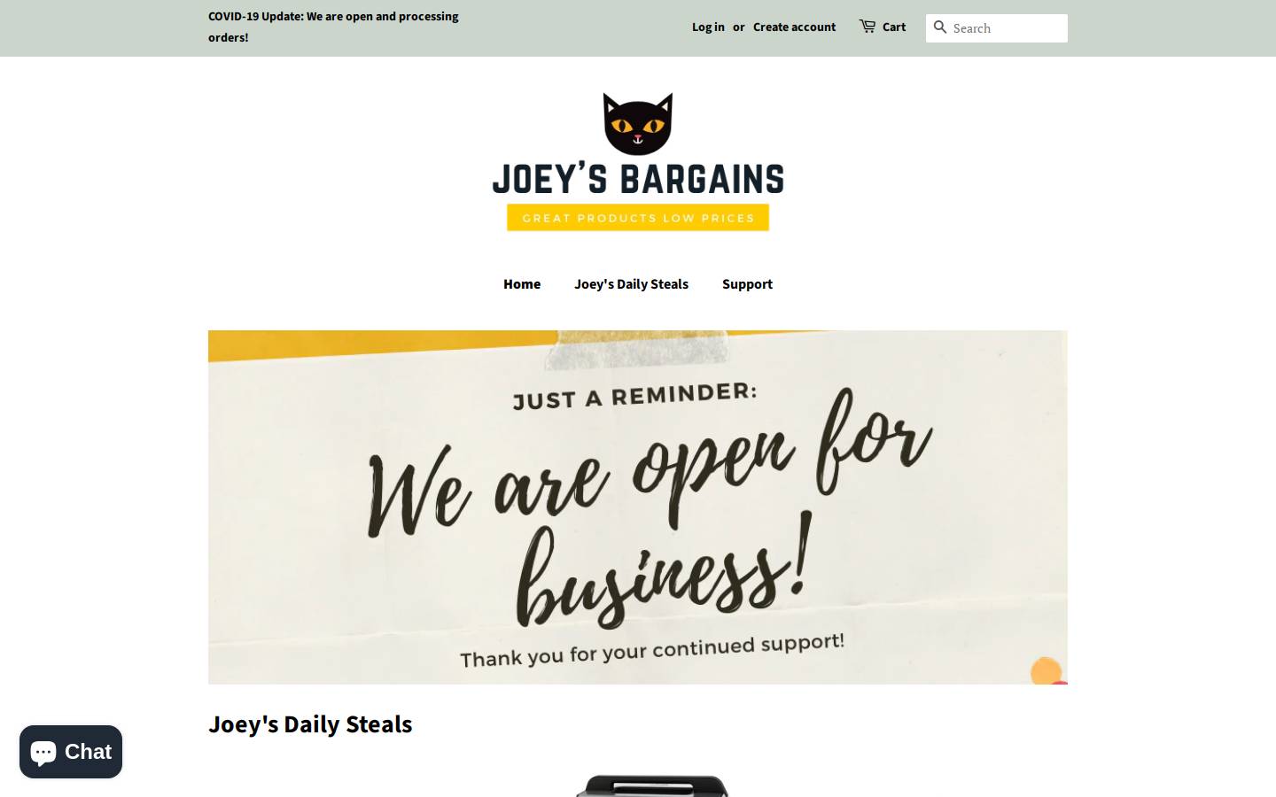 Joey's Bargains homepage screenshot