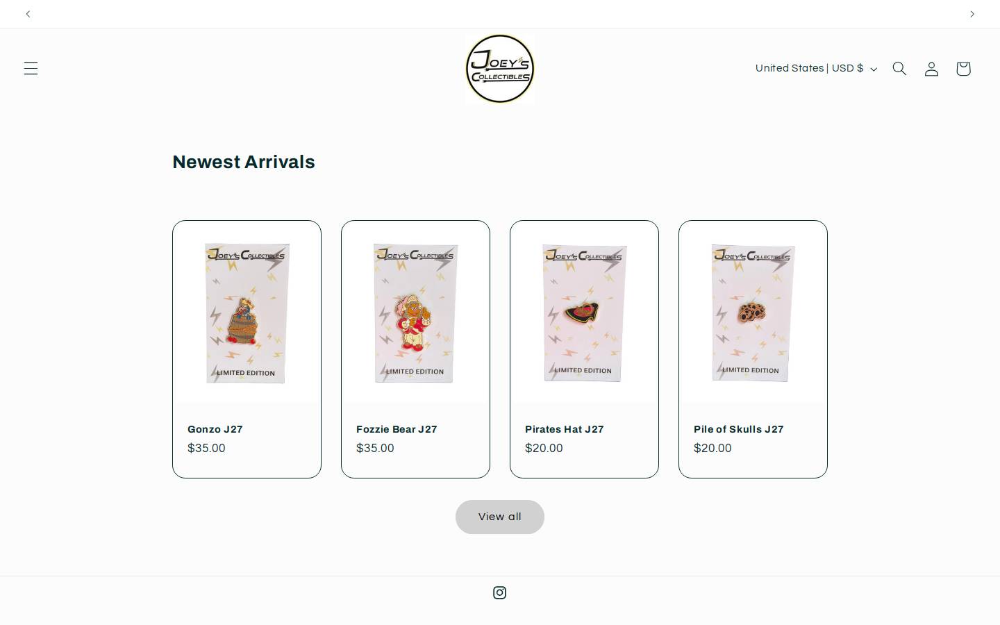 joeyscollectibles.com homepage screenshot