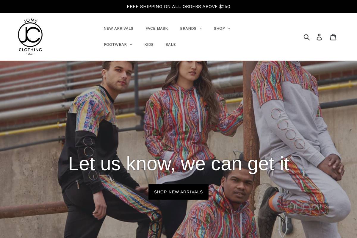 jonsclothing.com homepage screenshot