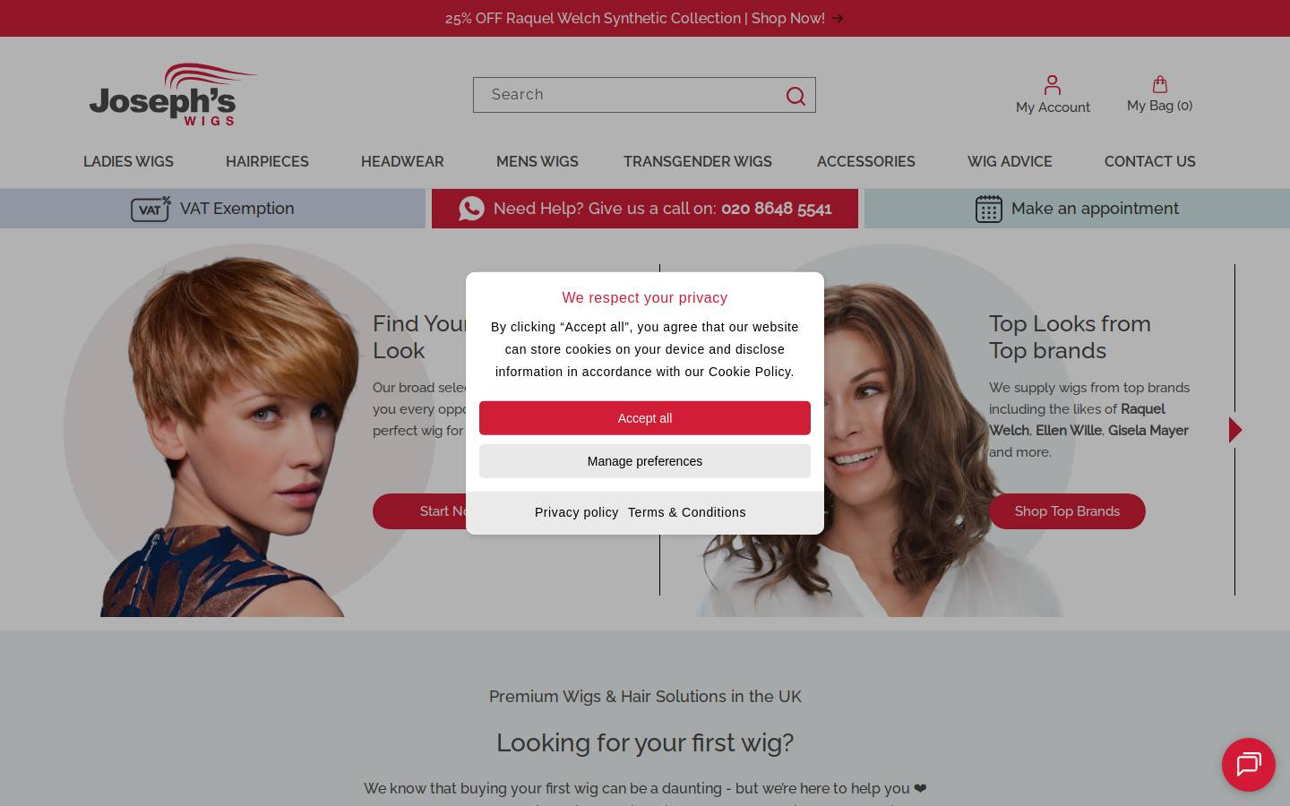 Joseph's Wigs homepage screenshot