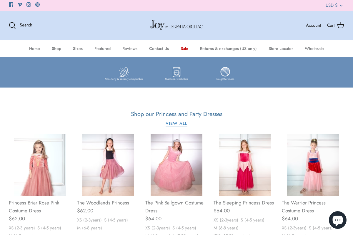 Joy Costumes homepage screenshot