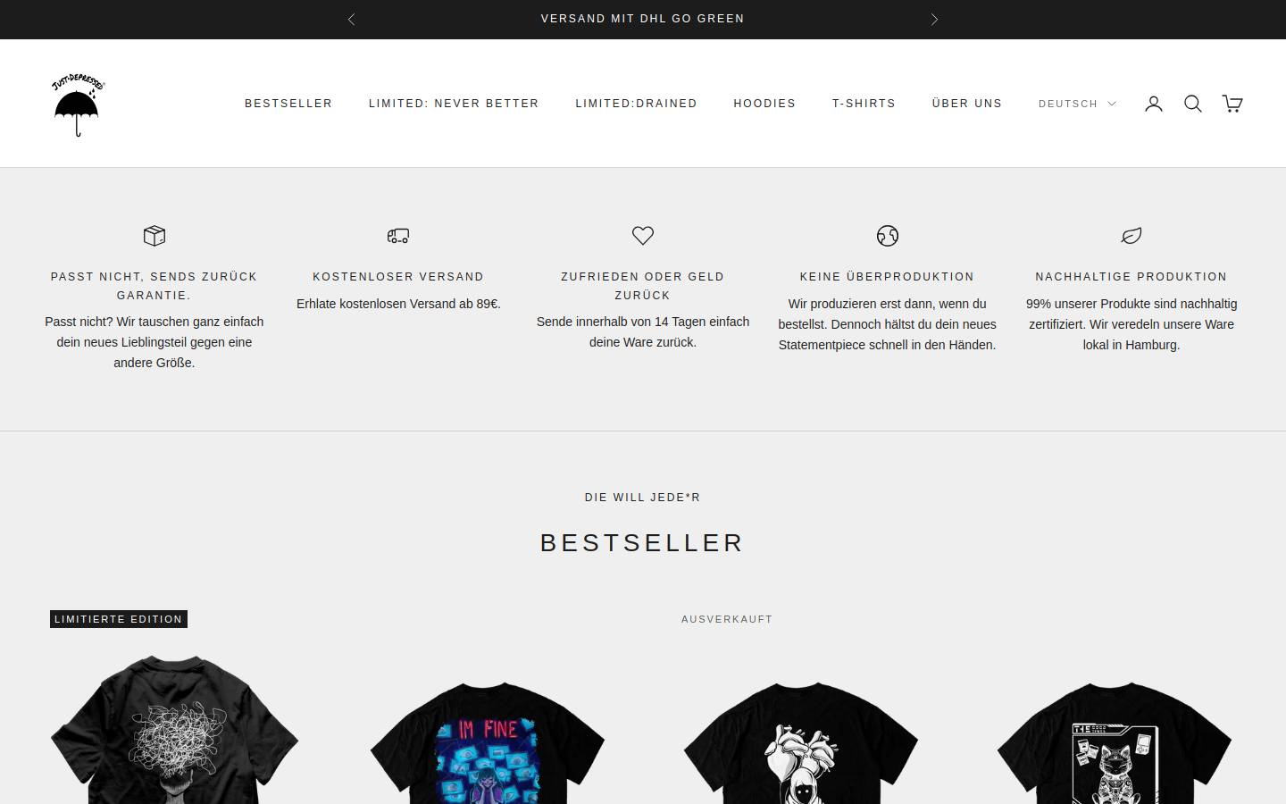 Just Depressed Clothing GmbH homepage screenshot