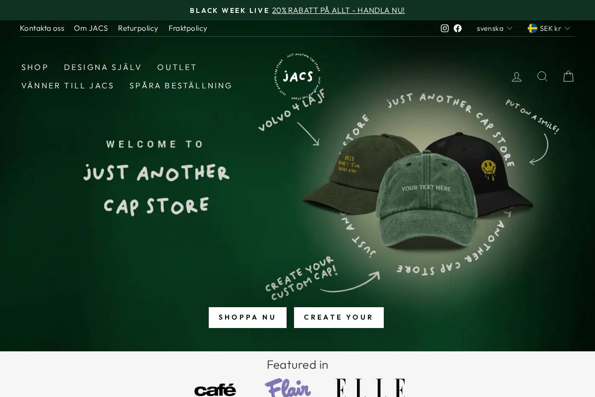 Justanothercapstore homepage screenshot