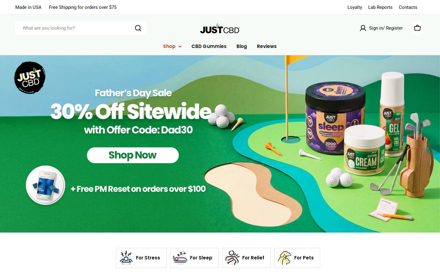 JustCBD homepage screenshot