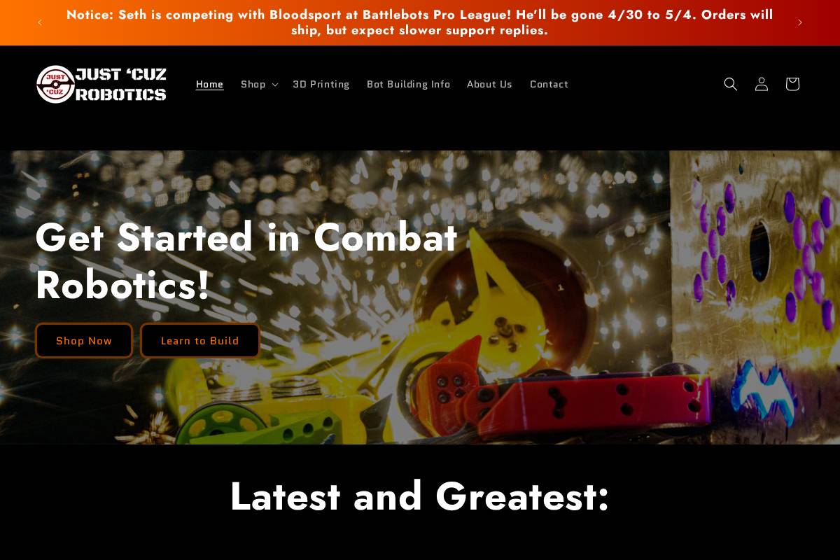 justcuzrobotics.com homepage screenshot