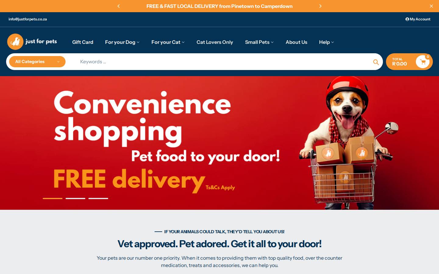 justforpets.co.za homepage screenshot