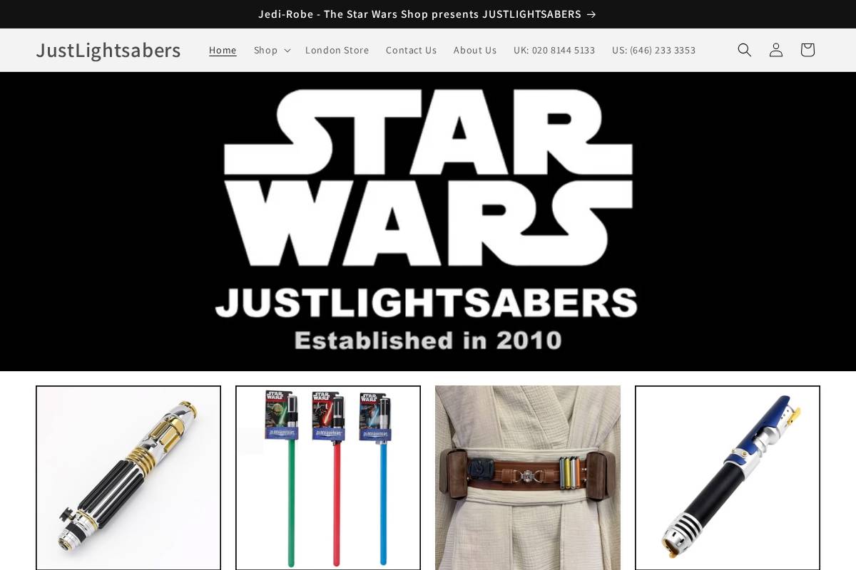Justlightsabers homepage screenshot