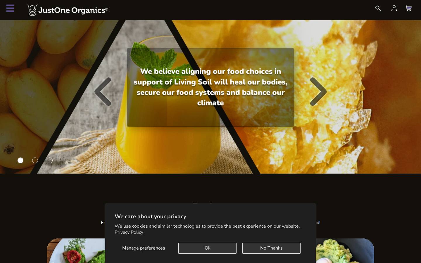 justoneorganics.com homepage screenshot