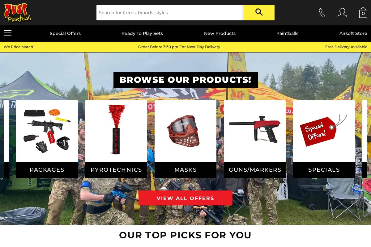 Justpaintball homepage screenshot