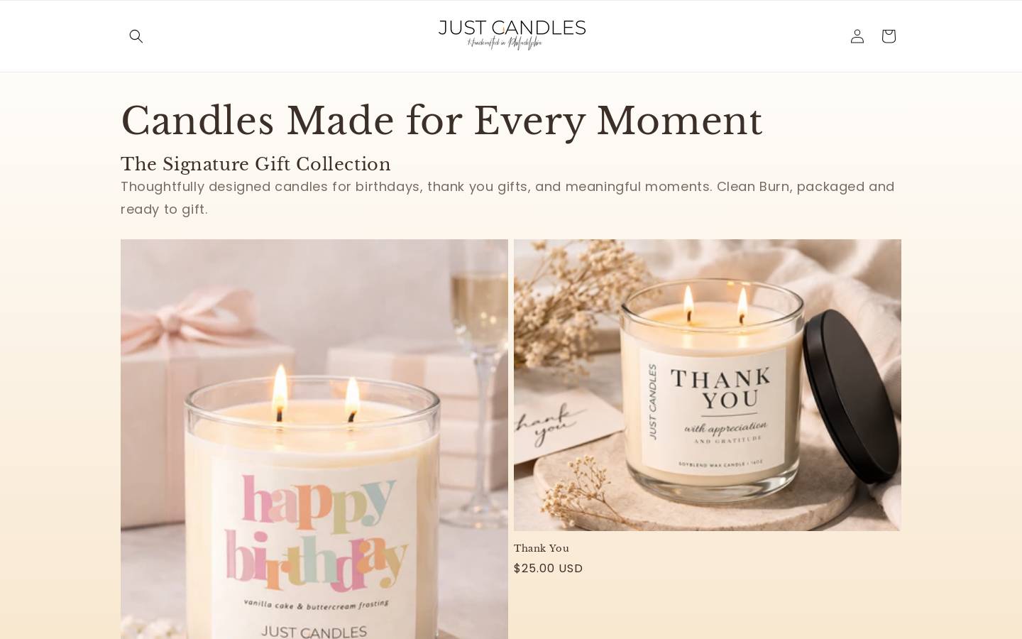 justqcandles.com homepage screenshot