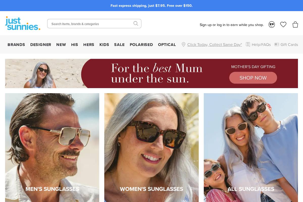 JustSunnies.com.au homepage screenshot