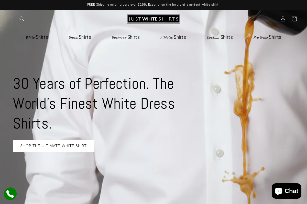 Just White Shirts homepage screenshot