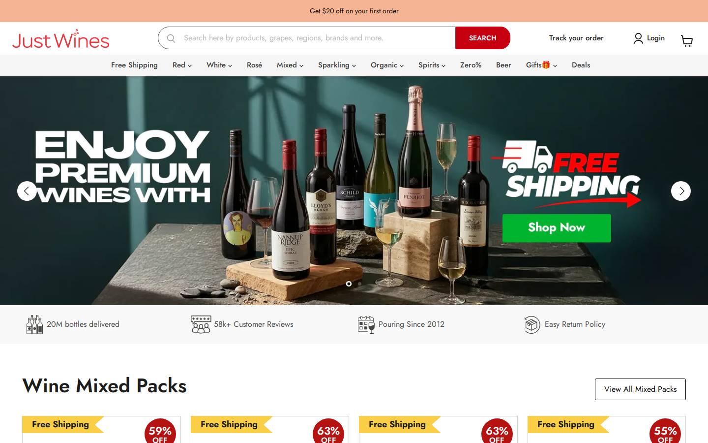 Just Wines homepage screenshot