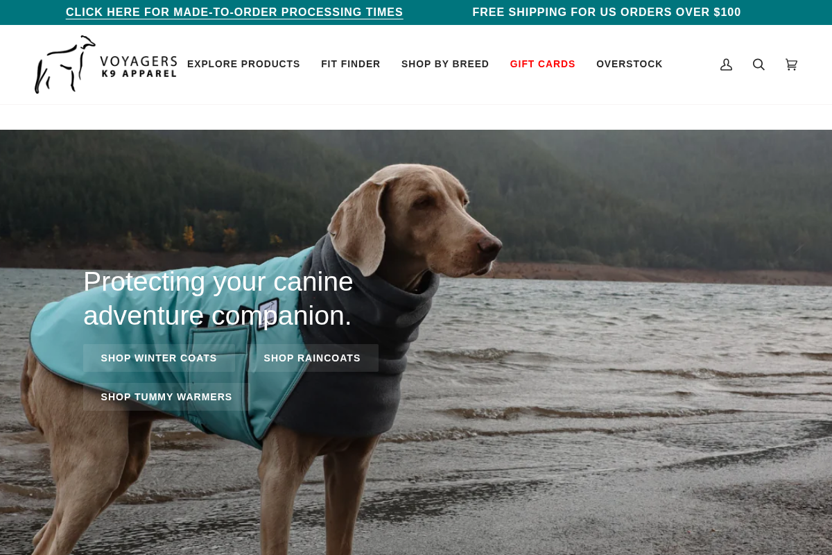Voyagers K9 Apparel homepage screenshot