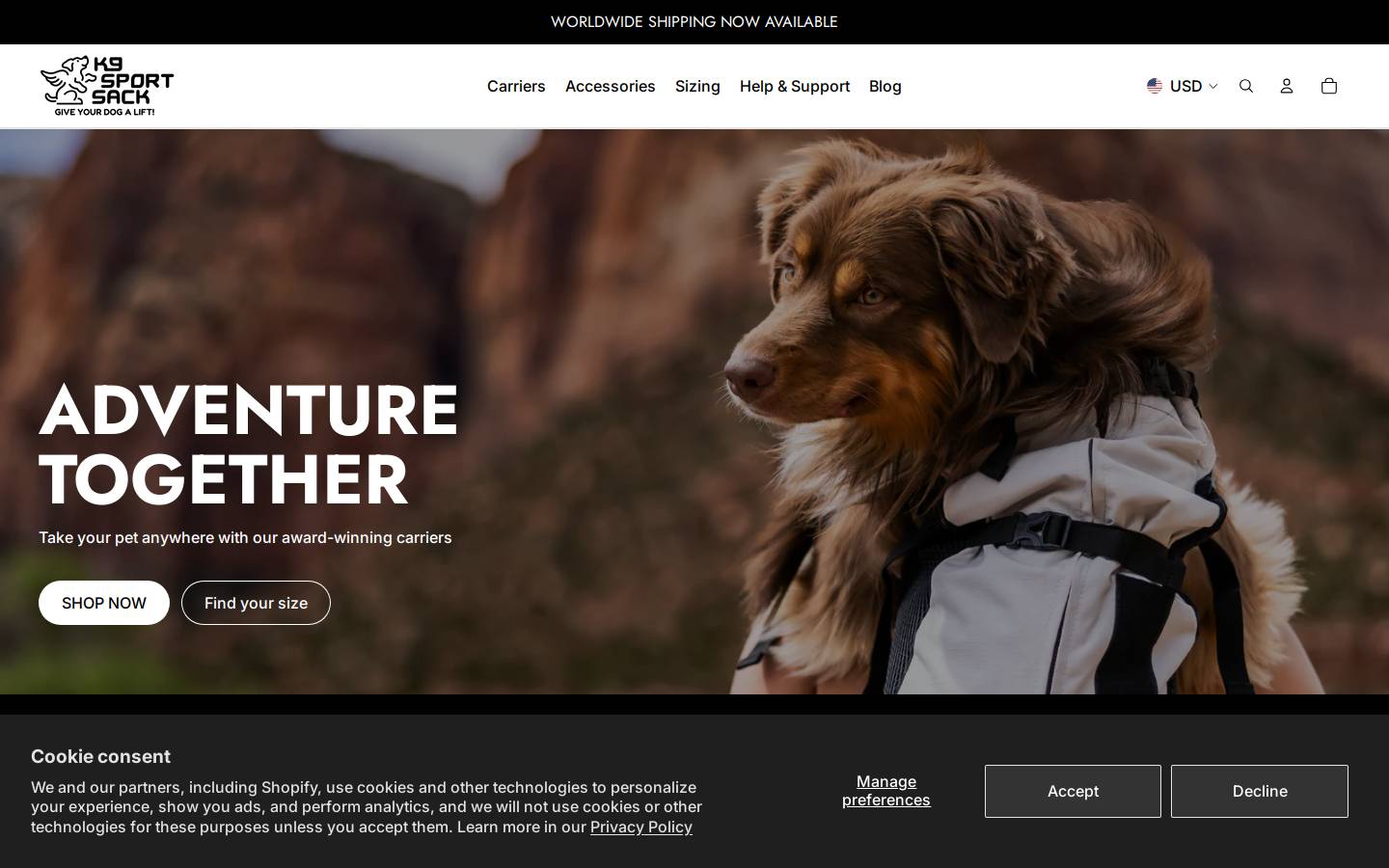 K9 Sport Sack homepage screenshot