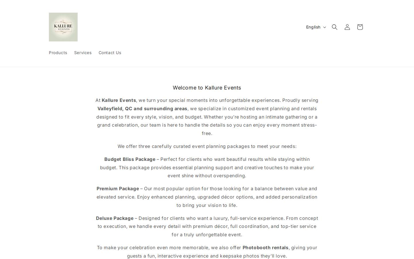 kallureevents.com homepage screenshot