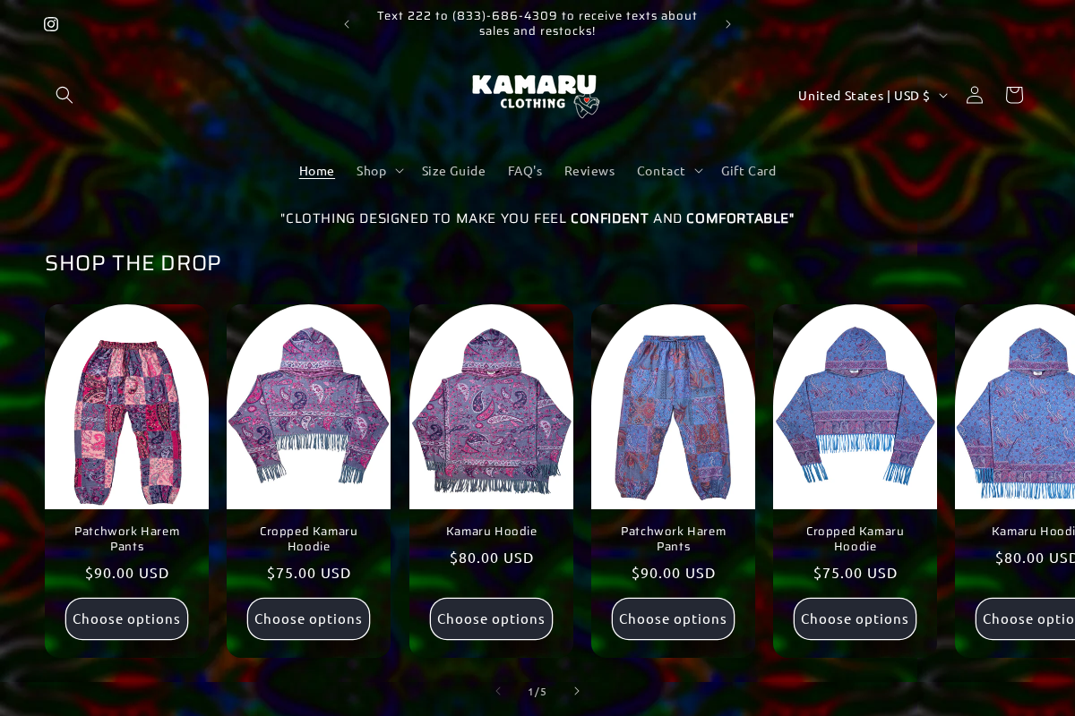 Kamaru Clothing homepage screenshot