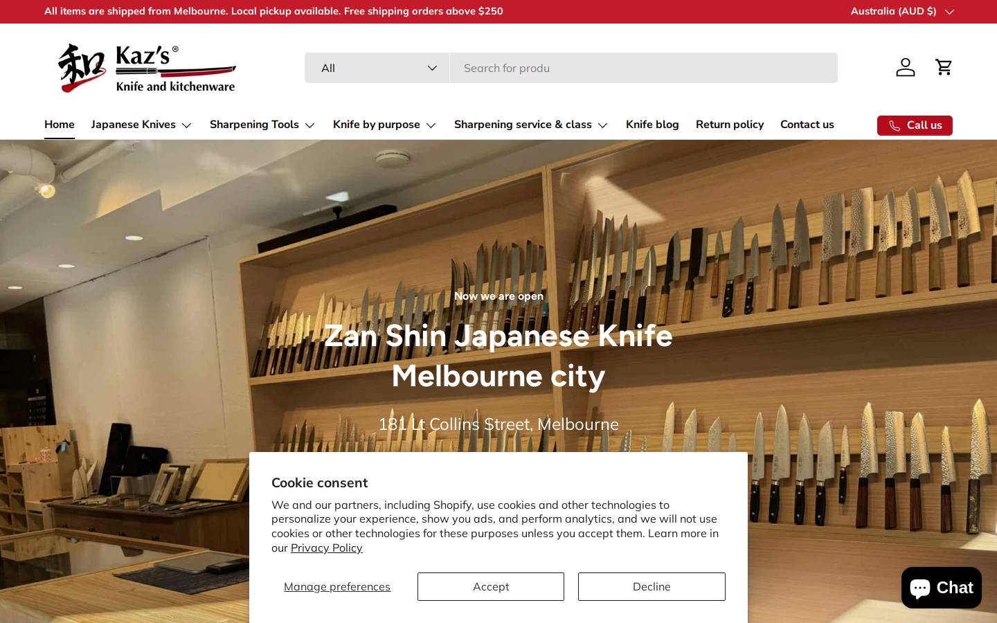kazsknifeonline.com.au homepage screenshot