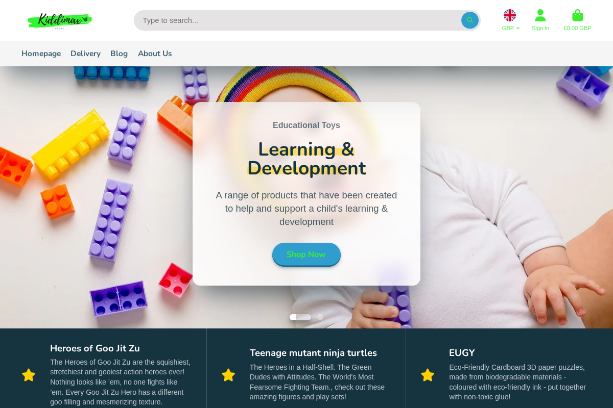 Kiddimax Toys homepage screenshot