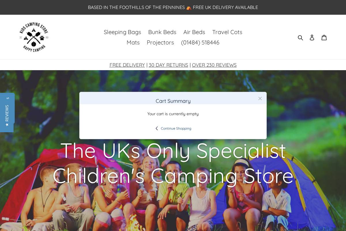 Kids Camping Store homepage screenshot