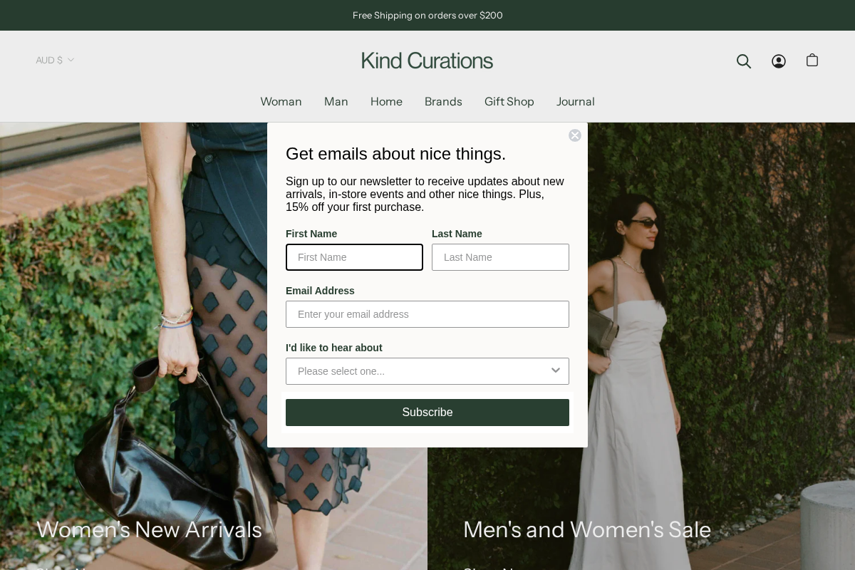 Kind Curations homepage screenshot