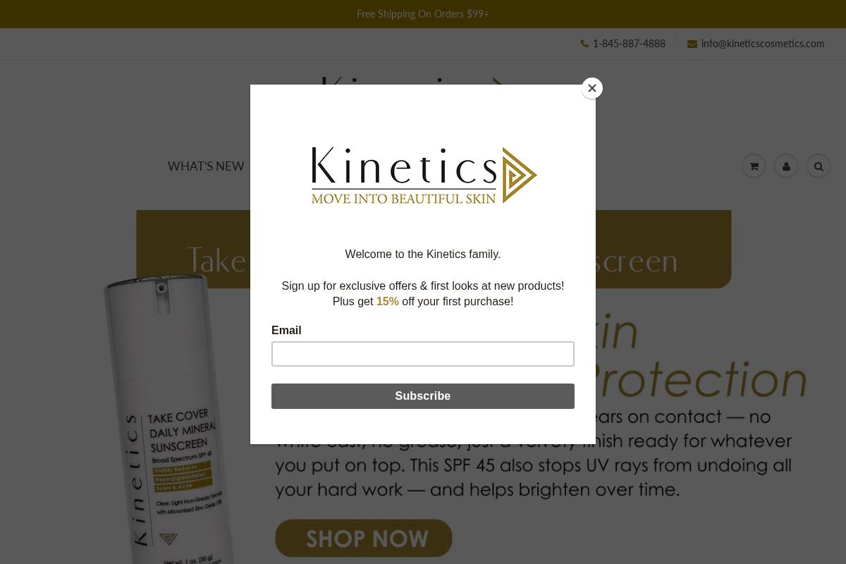 kineticscosmetics.com homepage screenshot