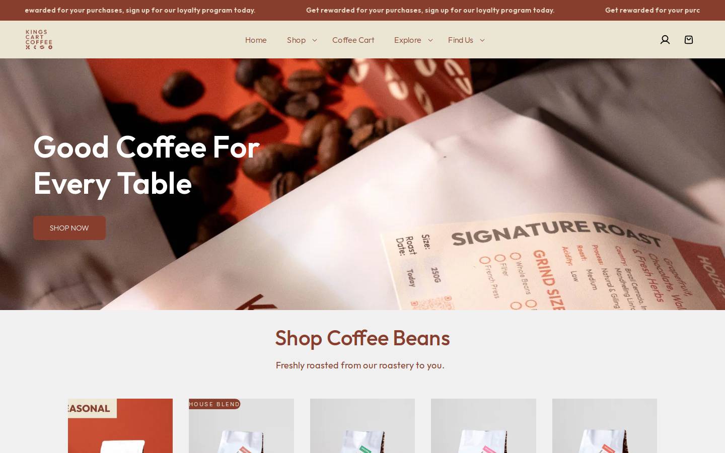 kingscartcoffee.com homepage screenshot