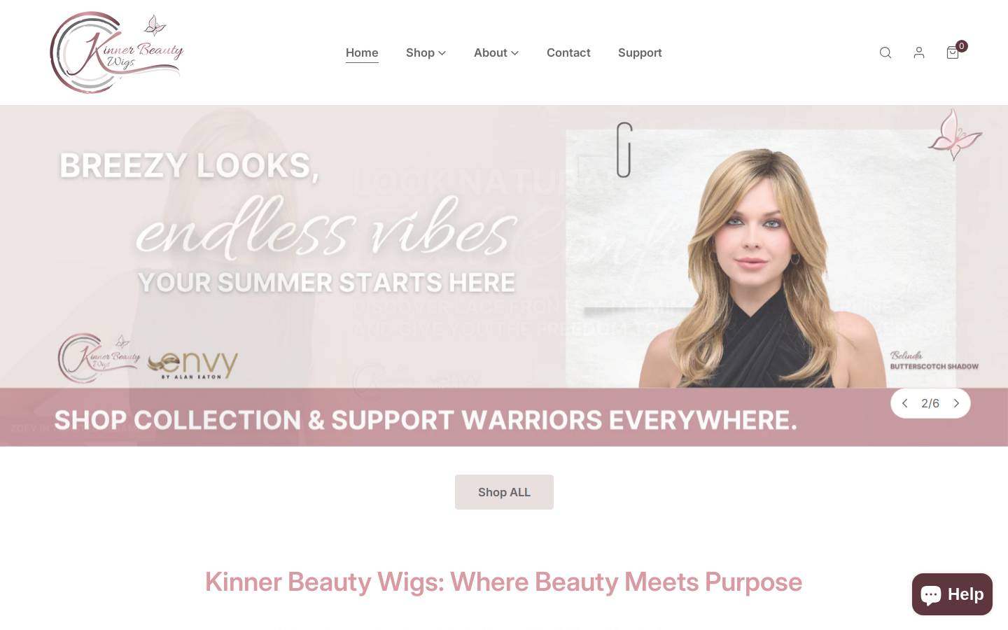 kinnerbeautywigs.com homepage screenshot