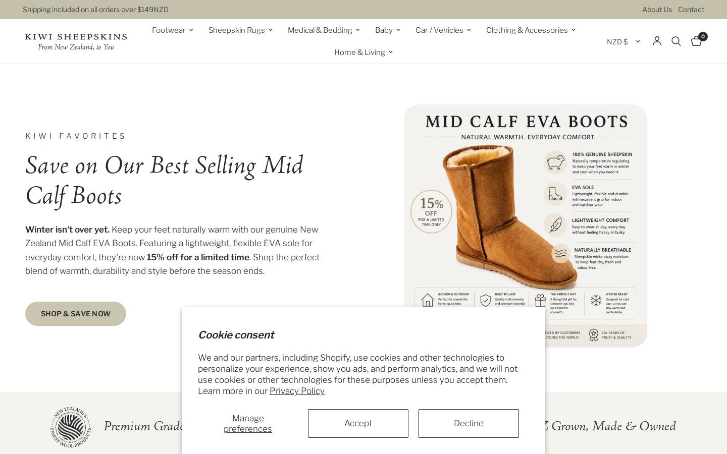 Kiwi Sheepskins homepage screenshot