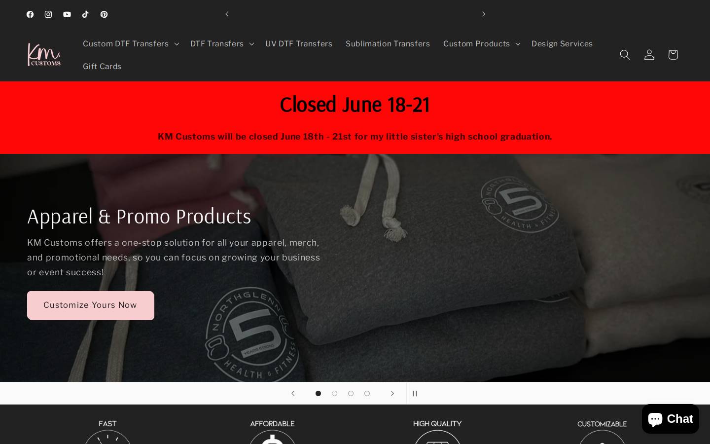 kmcustomsshop.com homepage screenshot