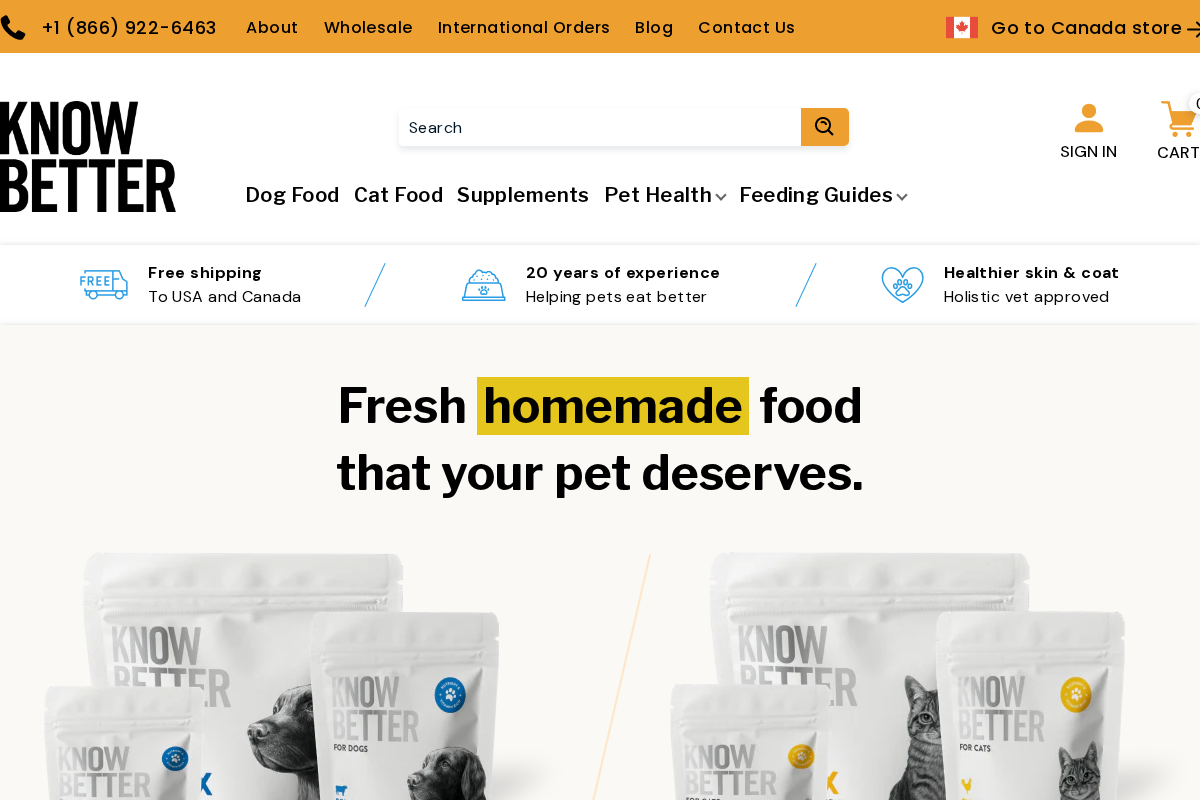 Know Better Pet Food homepage screenshot