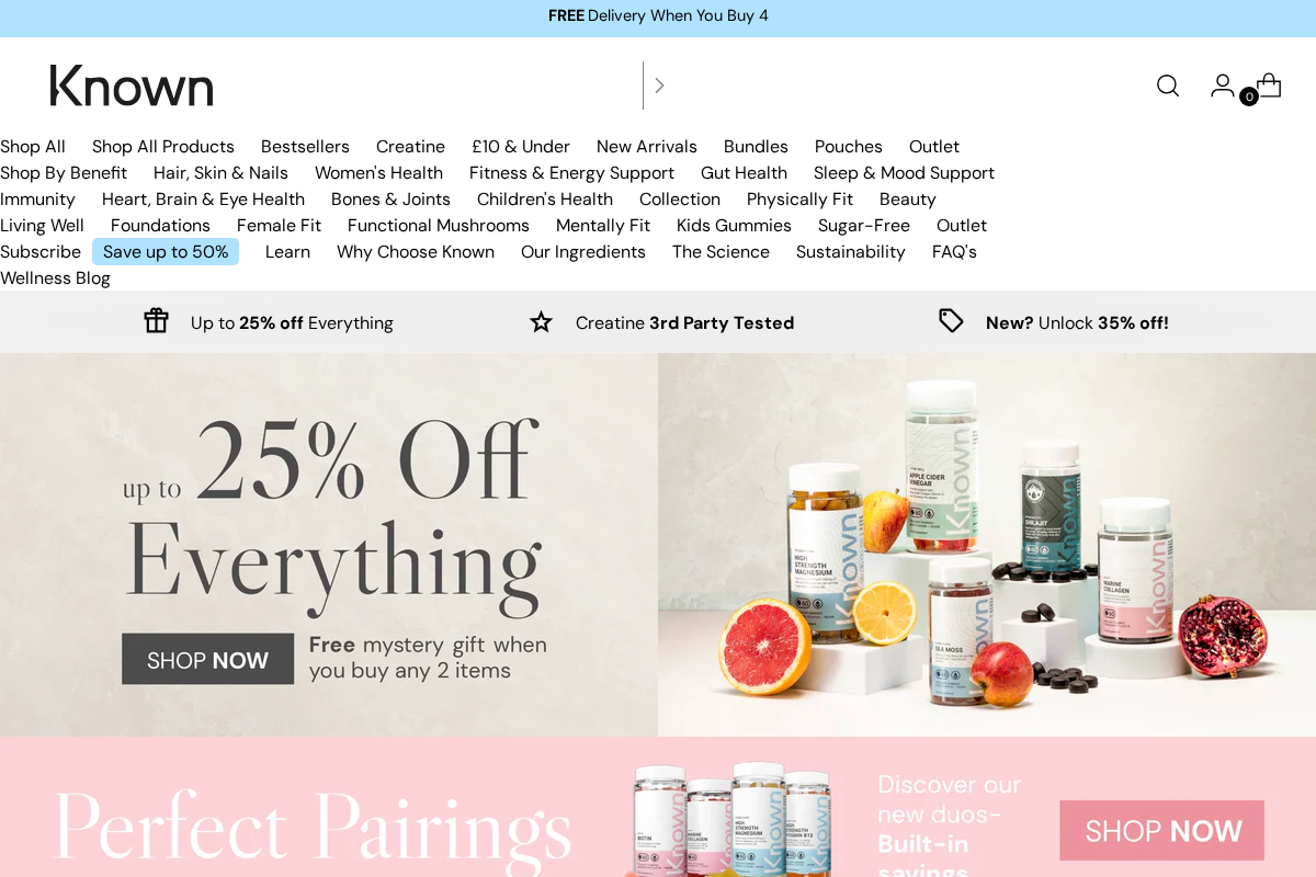 Known Nutrition homepage screenshot