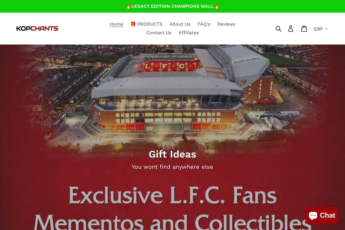 kop-chants.com homepage screenshot