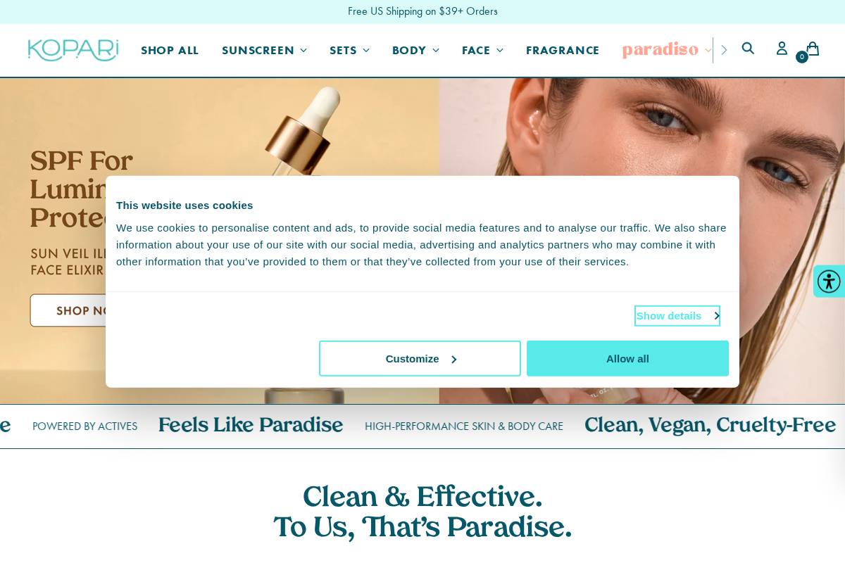 Kopari Beauty homepage screenshot